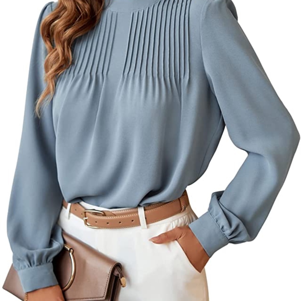 LIUMILAC Womens Pleated Mock Neck Blouse Long Sleeve Bow Tie Chiffon Work Shirt